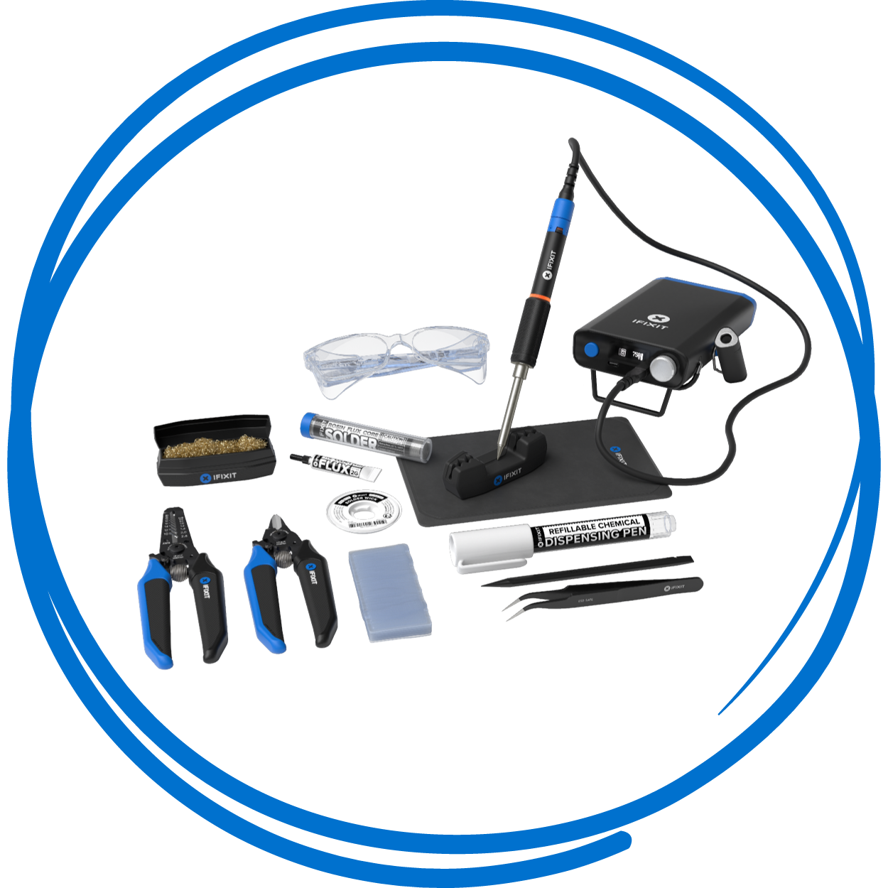 The FixHub Soldering Toolkit in a hand-drawn blue scribble circle