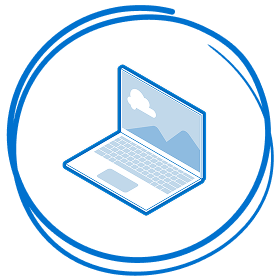 Blue line illustration of an open laptop displaying a simple landscape on the screen, enclosed within a hand-drawn circular outline.