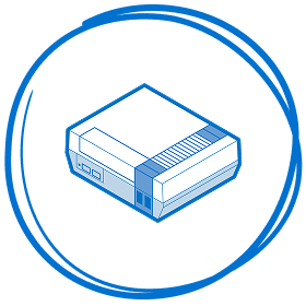 Blue line illustration of a retro-style game console, enclosed within a hand-drawn circular outline.