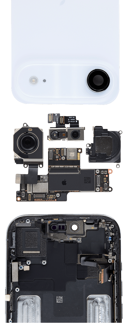 Vertical teardown image of a smartphone showing its back cover, camera modules, logic board, and internal components neatly arranged in an exploded view.
