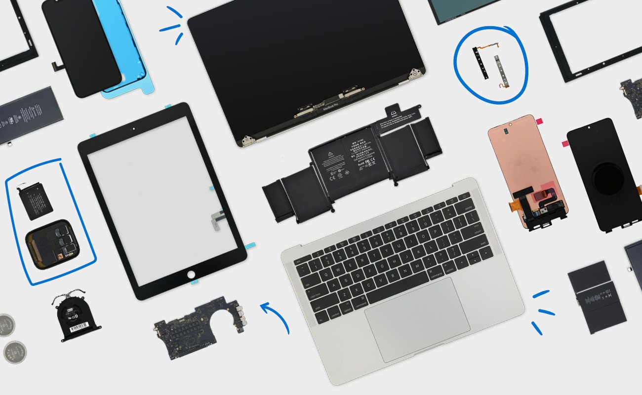 Flat lay image on a light grey background showing various electronic replacement partss, including a laptop keyboard, batteries, screens, and circuit boards, arranged neatly with white doodle accents.