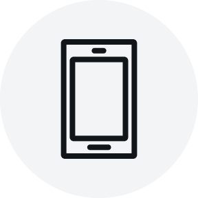 Light grey circular icon displaying a black outlined smartphone with a centered screen and small top and bottom details, set against a solid background.