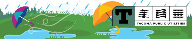 Illustrated footer with a rainy landscape, puddles, grass, and an umbrella blowing in the wind. Includes the Tacoma Public Utilities logo.