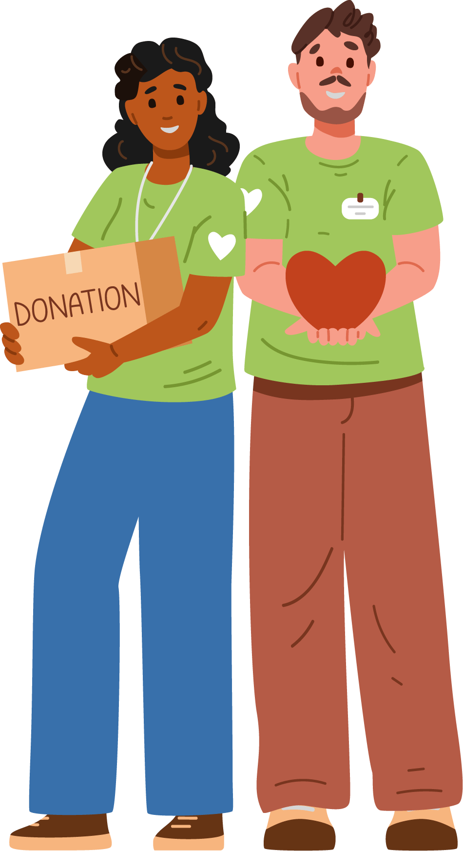 Illustrated graphic of two people in matching t-shirts. One is holding a box labeled “donation” and the other is holding a heart.