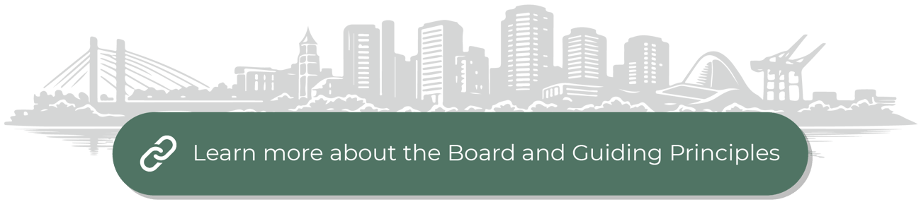 Green button that reads “Learn more about the Board Guiding Principles” on top of an illustrated banner of the downtown Tacoma skyline.