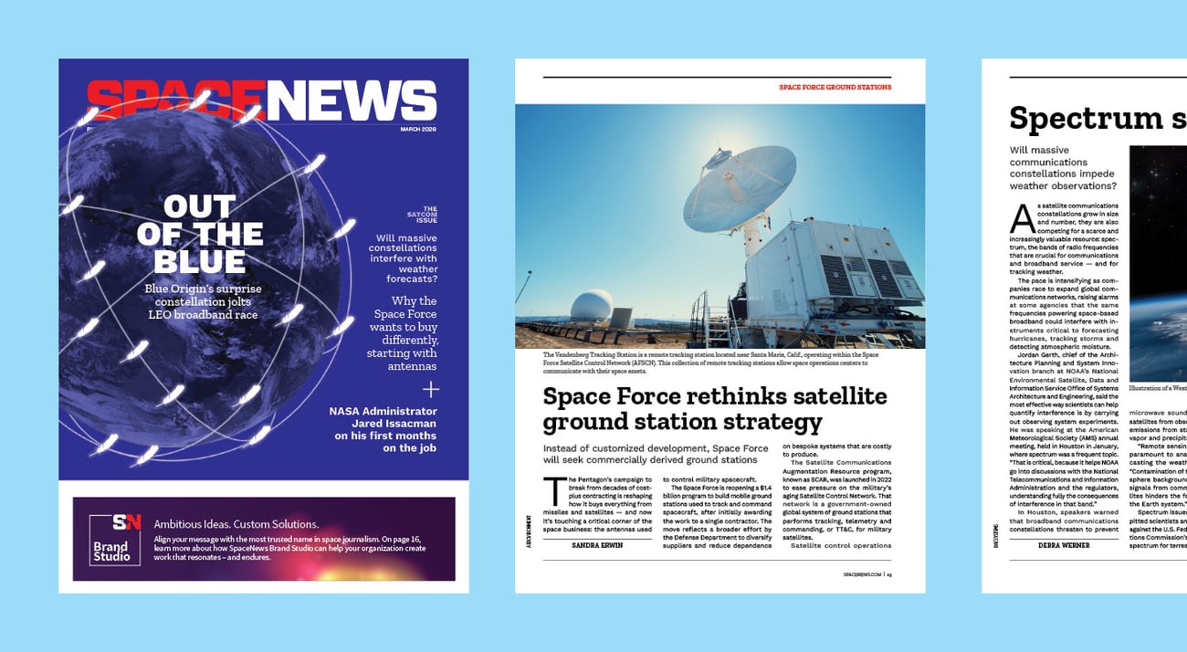 The cover of the March 2026 edition of SpaceNews magazine with the headline Out of the Blue