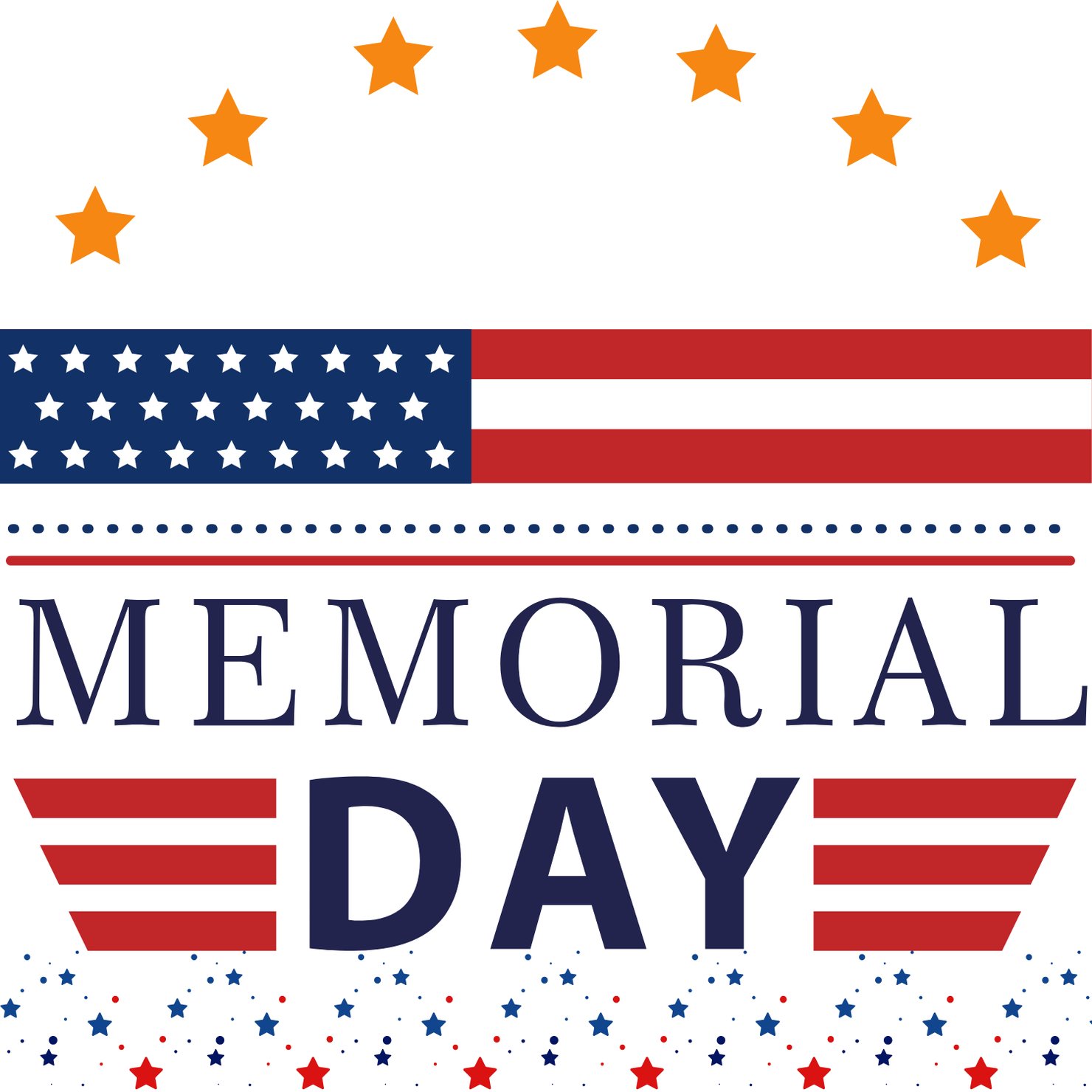 The word Memorial Day written in blue, blue and red stars and stripes on a white background.
