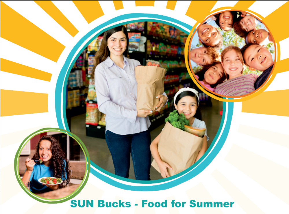SUN Bucks - Food for Summer flyer with a woman with long dark hair holding a grocery bag and a child with long dark hair holding a grocery bag too.