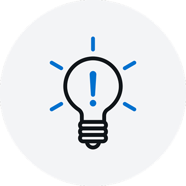 Simple icon of a light bulb with a blue exclamation mark inside, surrounded by blue rays suggesting an important tip.