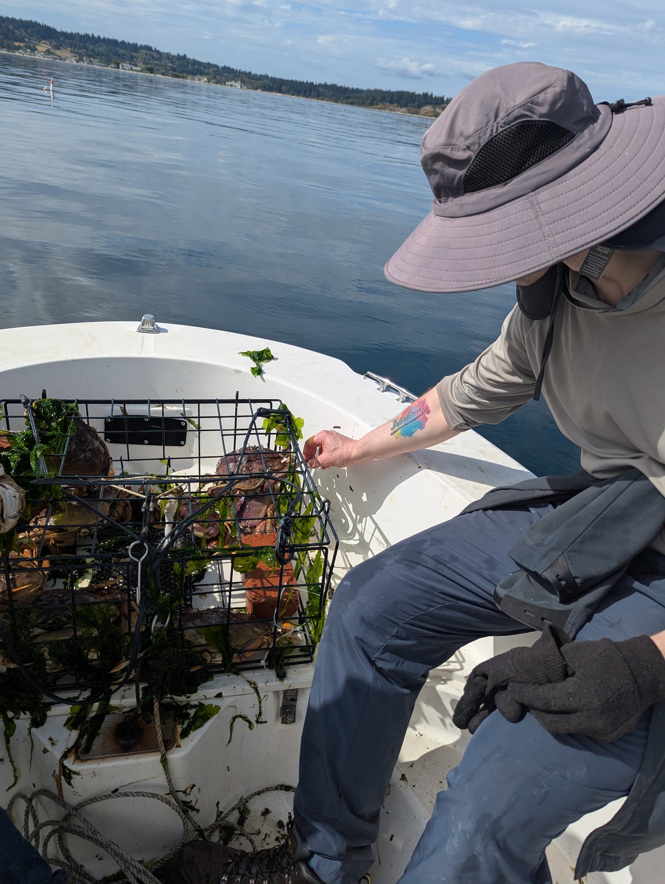 Photo of Dr. Gleb sitting next to a crab trap in a small boat.