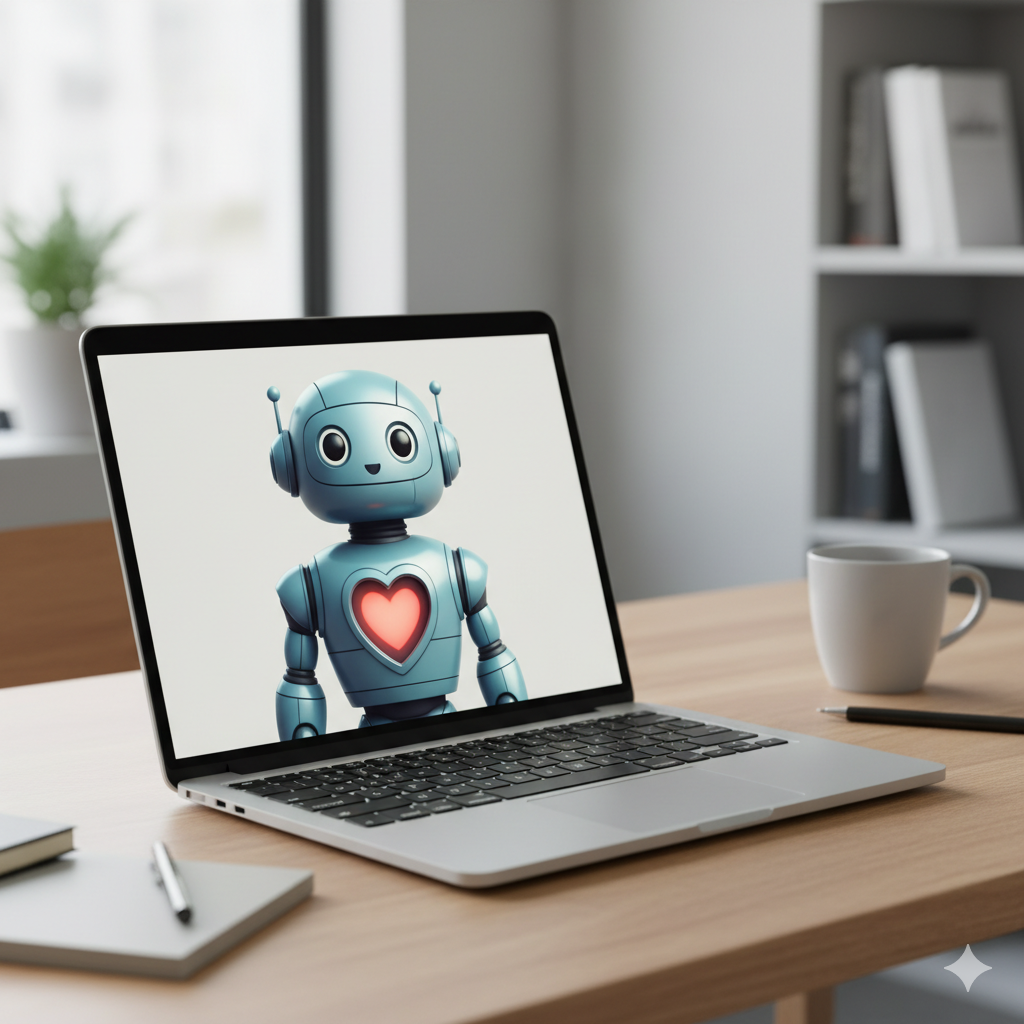 AI-generated image of a laptop computer with the screen displaying a robot that has a heart
