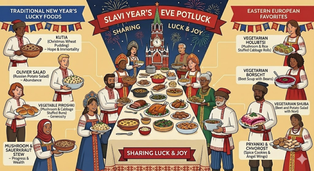 AI illustration of Russian Near Year's Eve foods and people wearing traditional Eastern European clothing