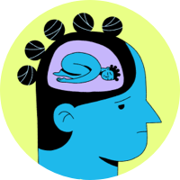 A person's head with a worried expression. inside their head is an image of themselves curled up laying on the ground.