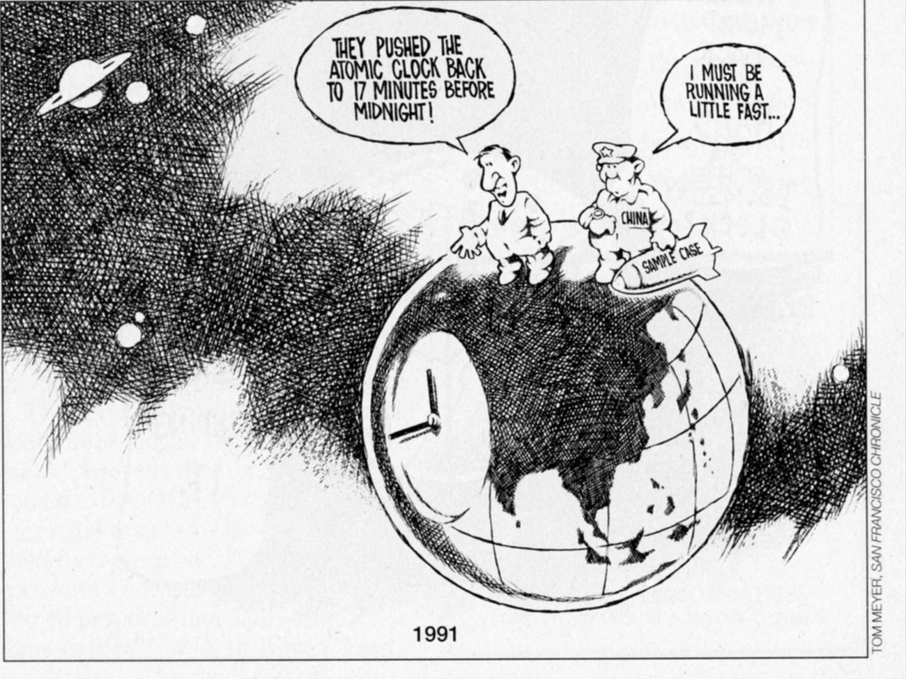 Two men stand on top of an Earth with a clock face on it One man says They pushed the atomic clock back to 17 minutes to midnight The other says I must be running a little fast