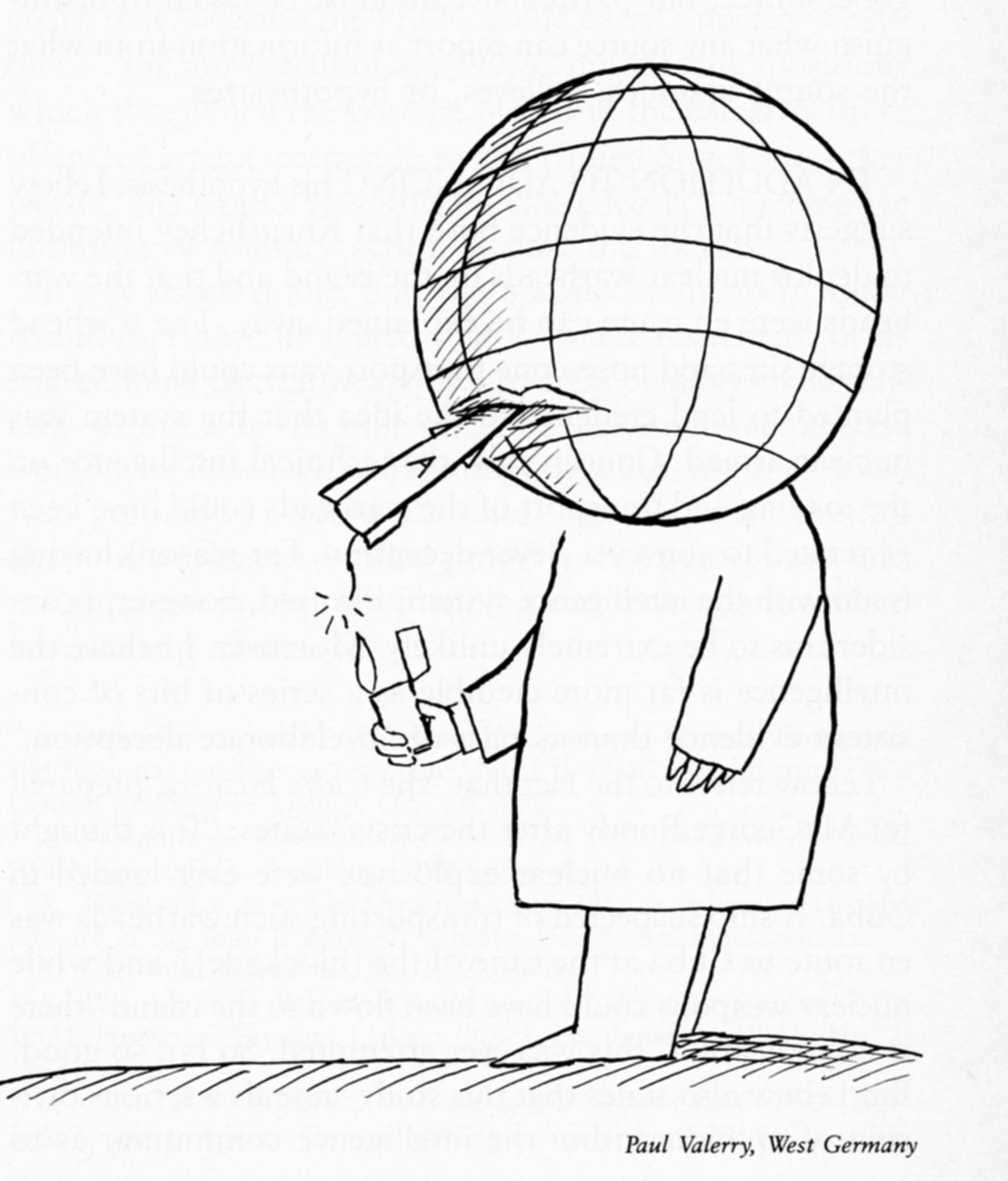 A person with the earth head lifts a lighter to light the end of a missile that is hanging from their mouth 