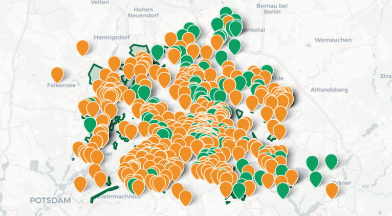 Bild einer Karte, in der 600 grüne Orte in Berlin eingezeichnet sind.