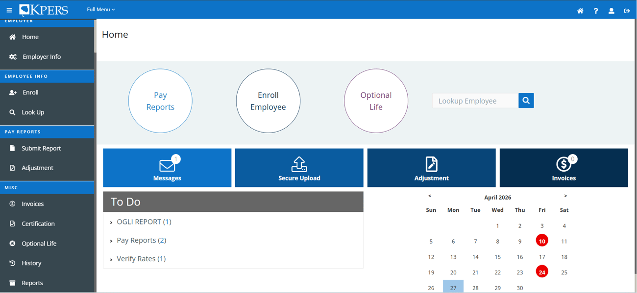 Screen shot of KPERS employer web portal home page
