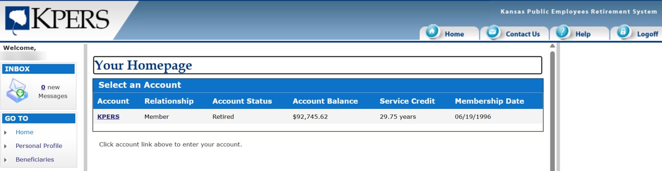 Screenshot of KPERS Member Web portal with new blue