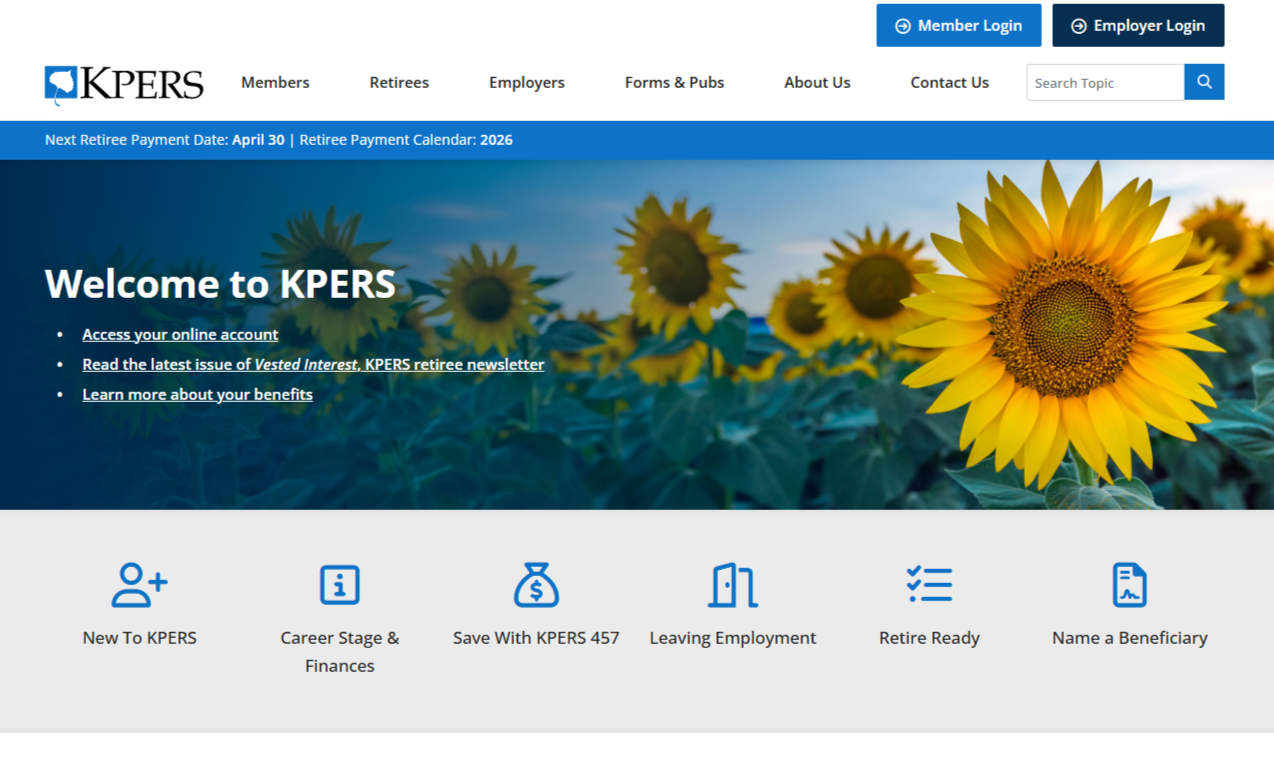 screenshot of new KPERS home page layout