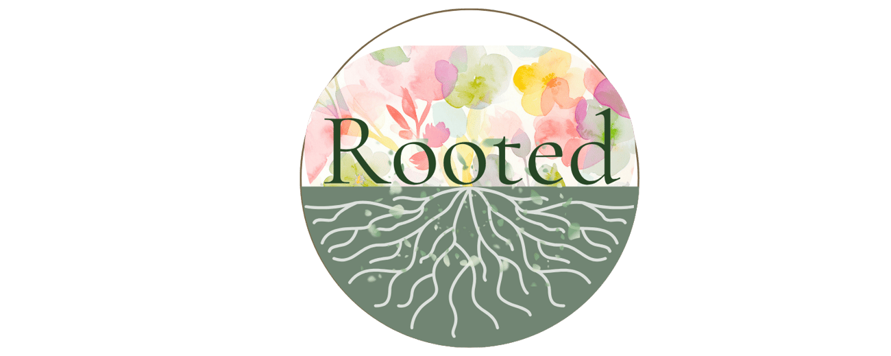 Rooted logo featuring a tree with visible roots and radiating lines inside a circular design.