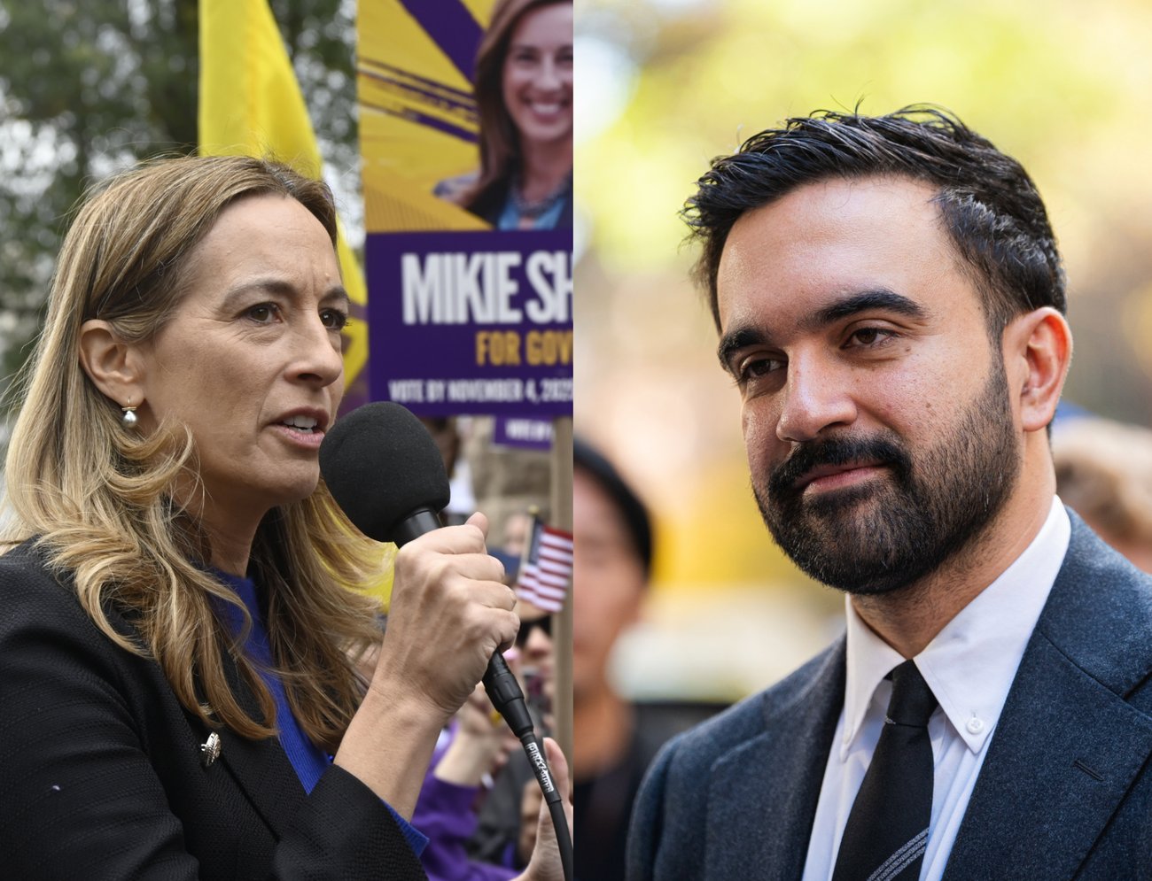 Two images side-by-side, on the left is Mikie Sherrill speaking into a microphone, on the right is Zohran Mamdani looking at something off-camera