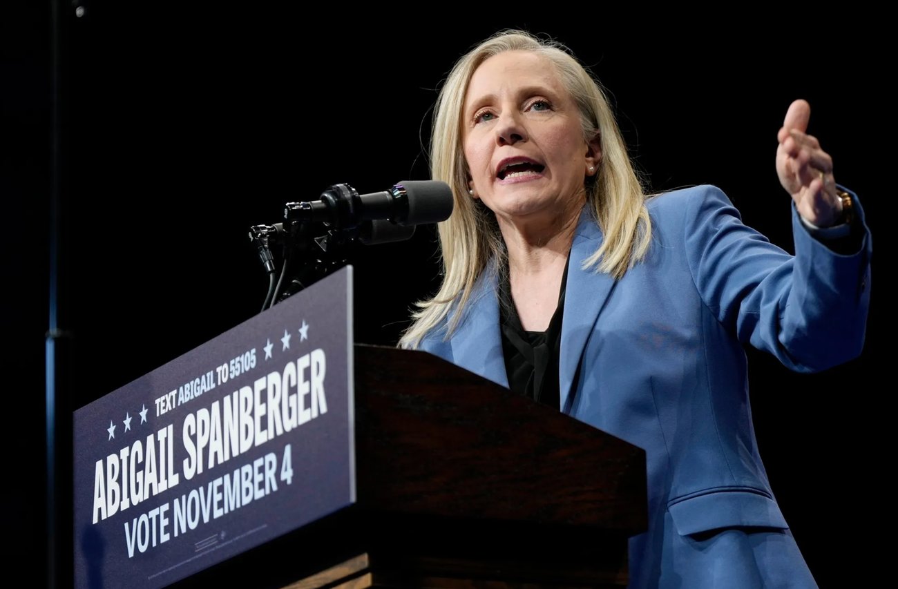 Abigail Spanberger gives a speech at a podium