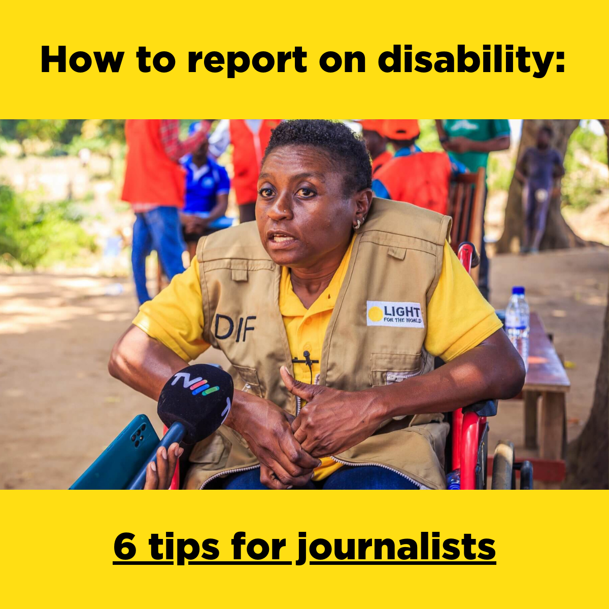 Photo of a wheelchair user speaking to a microphone. Photo credit: Light for the World