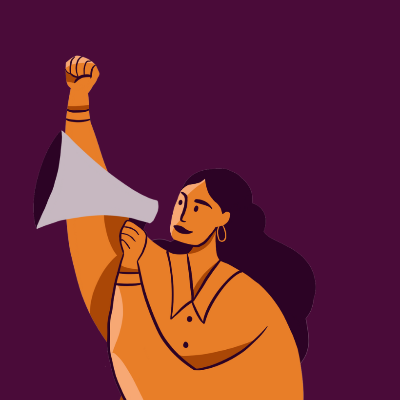 Drawing of a woman holding a megaphone and putting her fist to the air