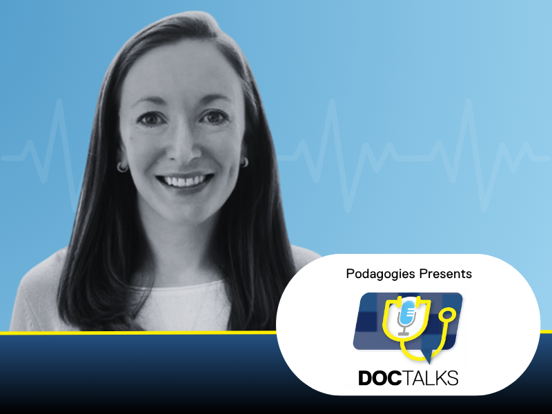 Dr. Clare Hutchinson smiling next to the Doc Talks logo