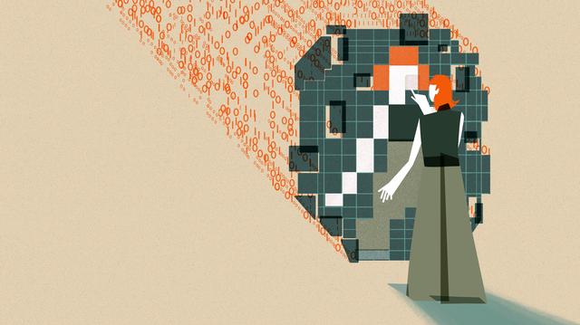 Illustration of an individual interacting with a digital mirrored structure. Behind the structure are streams of binary code (0s and 1s), flowing towards a grid.