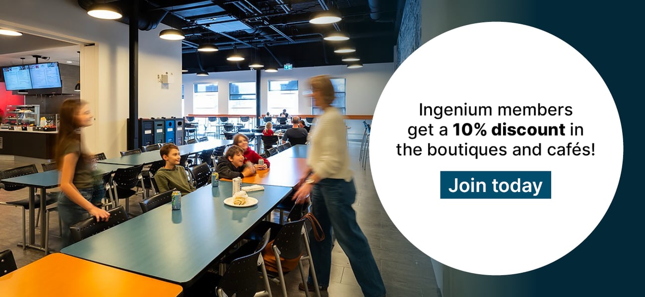 An adult and four children sit at a table in a café eating their lunch. Text reads "Ingenium members get a 10% discount in the boutiques and cafés! Join today."