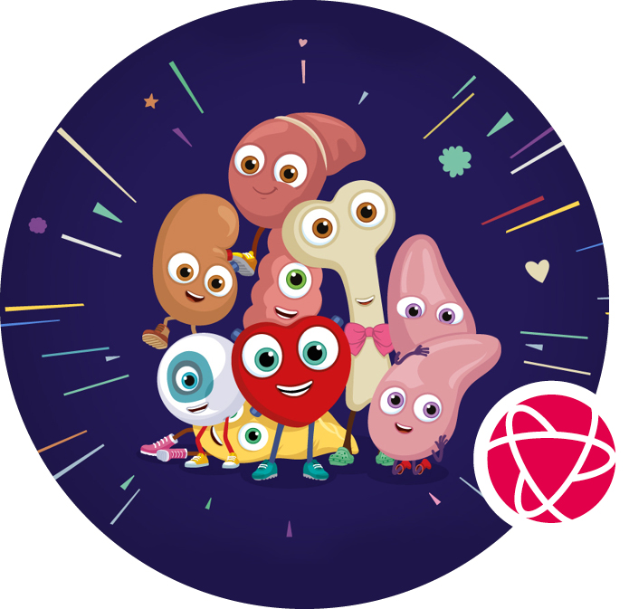 A cartoon of several human organs, complete with eyes and smiles, on a blue background.