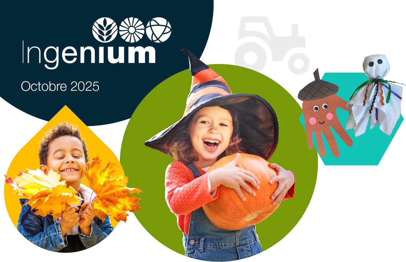 Image composite représentant un garçon tenant des feuilles orange, une fille coiffée d'un chapeau de sorcière tenant une citrouille et deux bricolages saisonniers. Le logo Ingenium et les mots « octobre 2025 » apparaissent en haut à gauche.