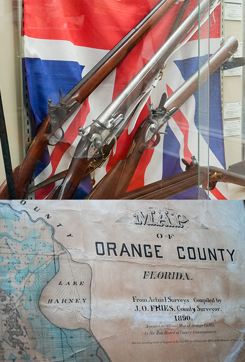 Historical exhibit items from Fighting Florida showcasing Muskets
