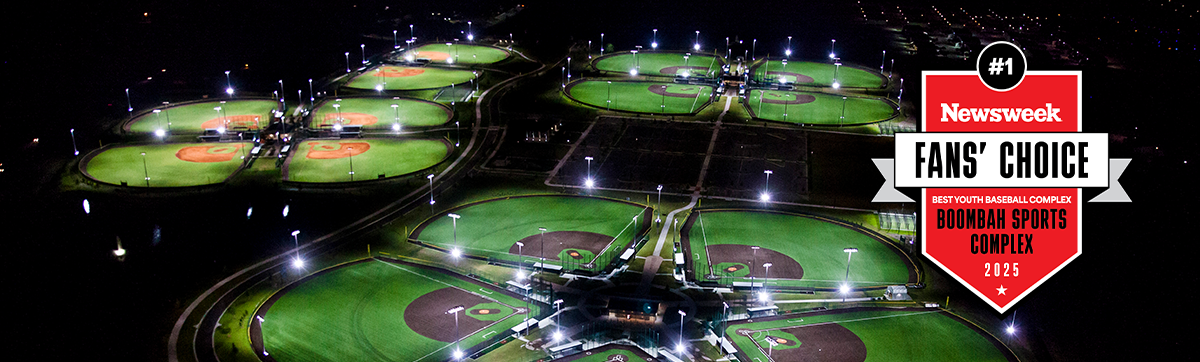 Boombah Sports complex areial photo showing the fields at night