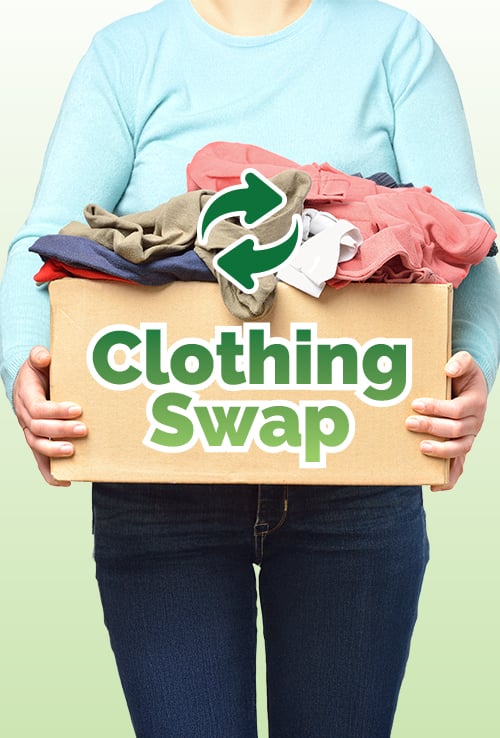 woman's body holding a body of clothing with green swap text and recycling icon