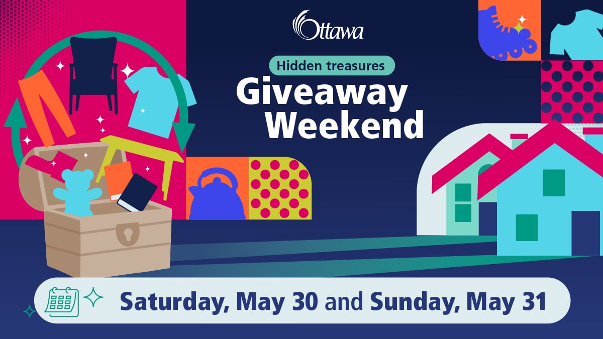 a treasure chest with various household items in at the end of a driveway. Text: Hidden treasures. Giveaway Weekend.