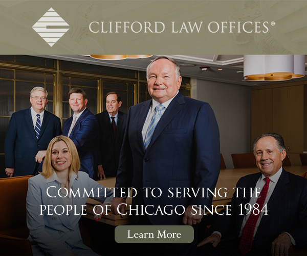 Ad: Clifford Law Offices - Committed to Serving the People of Chicago Since 1984. Pictured: Robert A. Clifford.