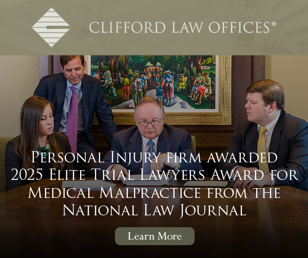 Ad: Clifford Law Offices - Personal injury firm awarded 2025 Elite Trial Lawyers Award for medical malpractice from the National Law Journal.