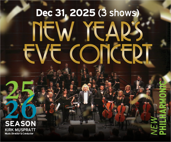 Ad: New Philharmonic - Dec 31, 2025 (3 shows) New Years Eve Concert. Pictured: Music Director & Conductor Kirk Muspratt conducting the New Philharmonic Orchestra.
