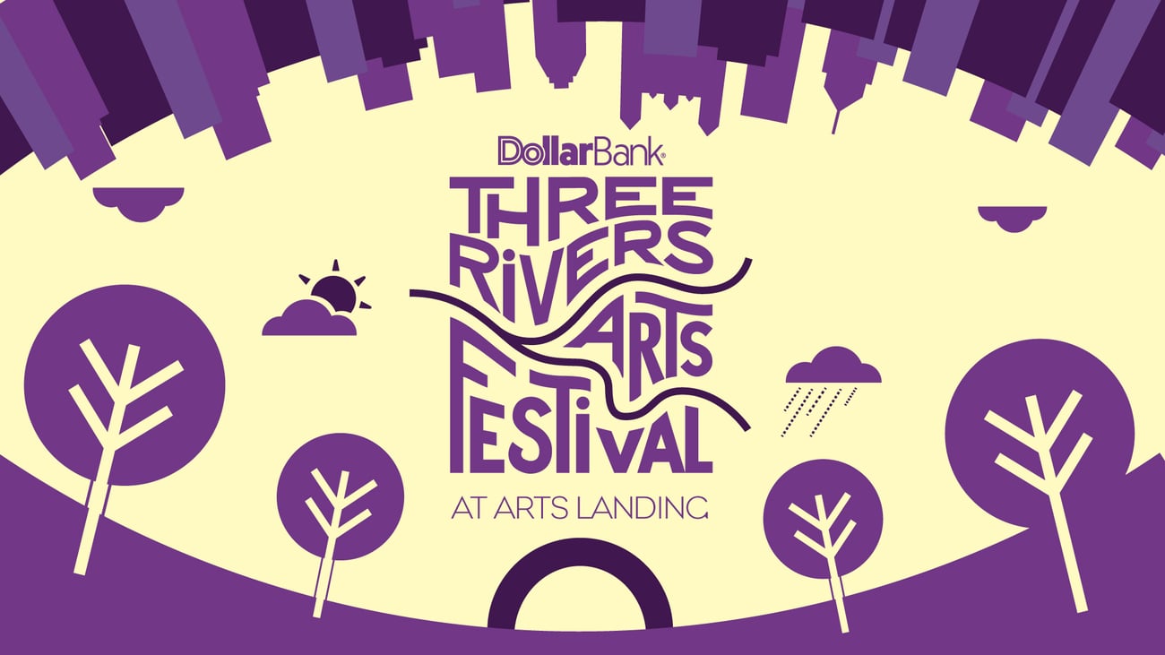 Purple and cream graphic for Dollar Bank Three Rivers Arts Festival at Arts Landing, featuring stylized trees, clouds, raindrops, and an abstract city skyline.