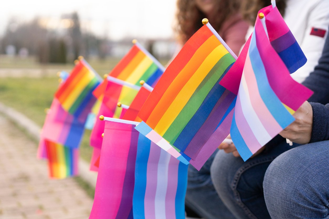 People sitting down holding small pride flags