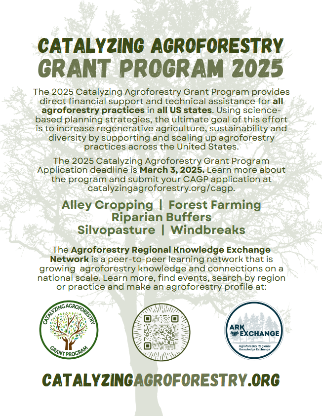 The 2025 Catalyzing Agroforestry Grant Program Application Deadline is March 3, 2025.