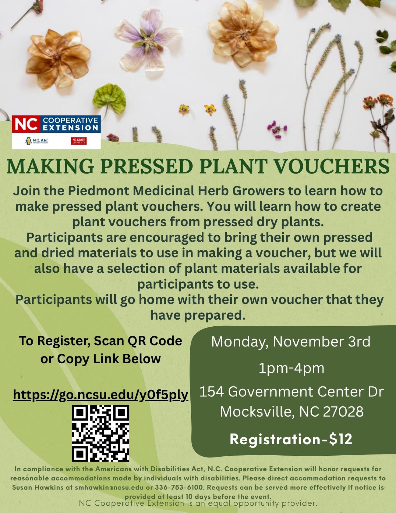 Flyer for Making Pressed PLant Vouchers with Piedmont Medicinal Herb Growers on Nov 3 in Mocksville. Click to register.