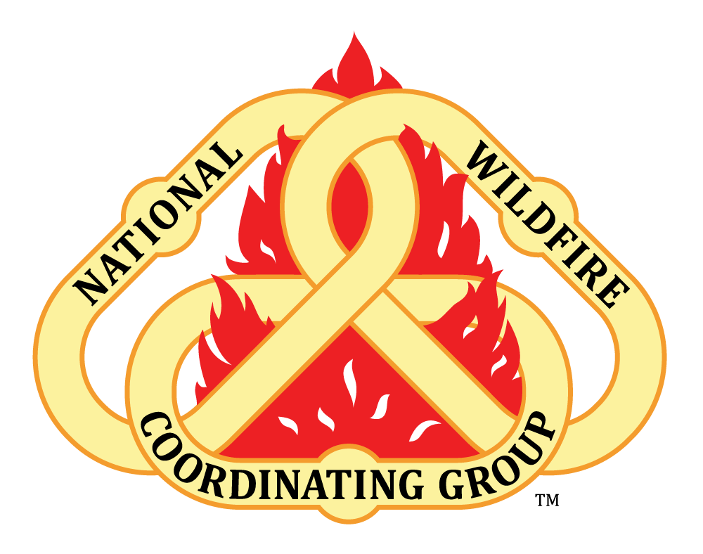 The official logo of the National Wildfire Coordinating Group (NWCG). The emblem consists of a stylized red flame background overlaid with thick, interlaced pale-yellow ribbons that form a continuous loop. The words "NATIONAL WILDFIRE" are written in black capital letters along the top of the ribbon loop, and "COORDINATING GROUP" is written
along the bottom. The entire design is outlined in gold.