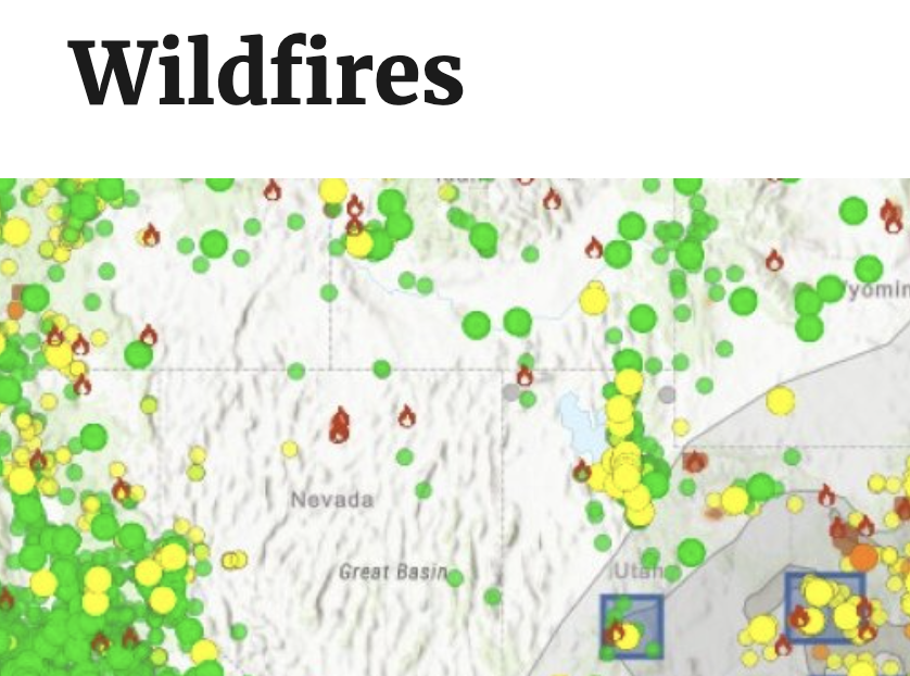 Front page of new Environmental Protection Agency's "Wildfires" website. An interactive map titled "Wildfires" showing active fire data across the Western United States, specifically focusing on Nevada, Utah, and the Great Basin. The map is populated with numerous green and yellow circular icons of varying sizes, indicating air quality or fire intensity, interspersed with small red flame icons representing active fire locations.