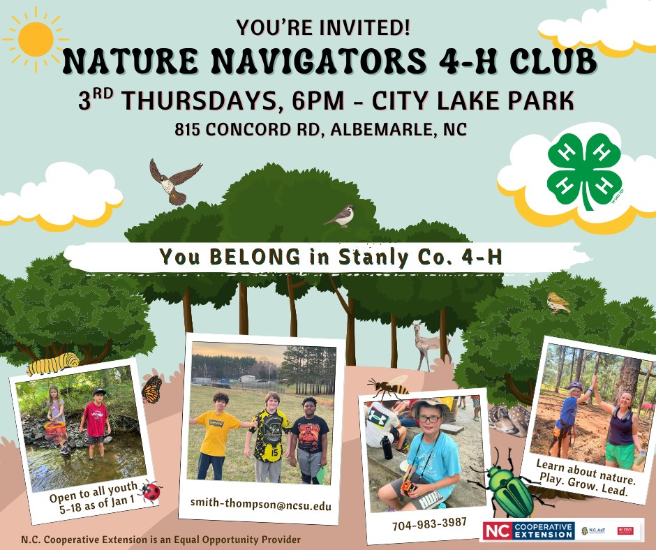 Flyer advertising the Nature Navigators club meeting 3rd thursday, 6pm, city lake park, albemarle 704-983-3987
