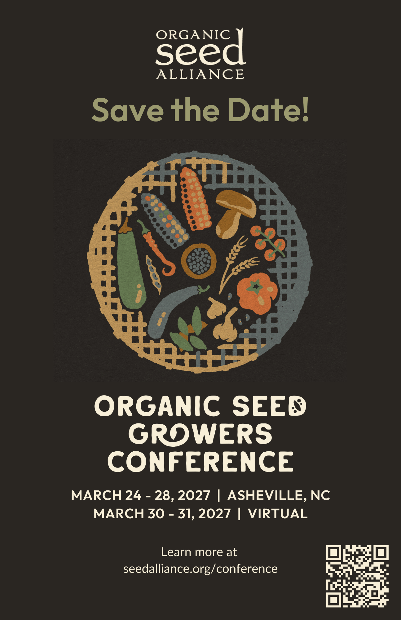 Flyer for the Organic Seed Growers Conference March 24-28 and 30-31. Learn more at seedalliance.org/conference