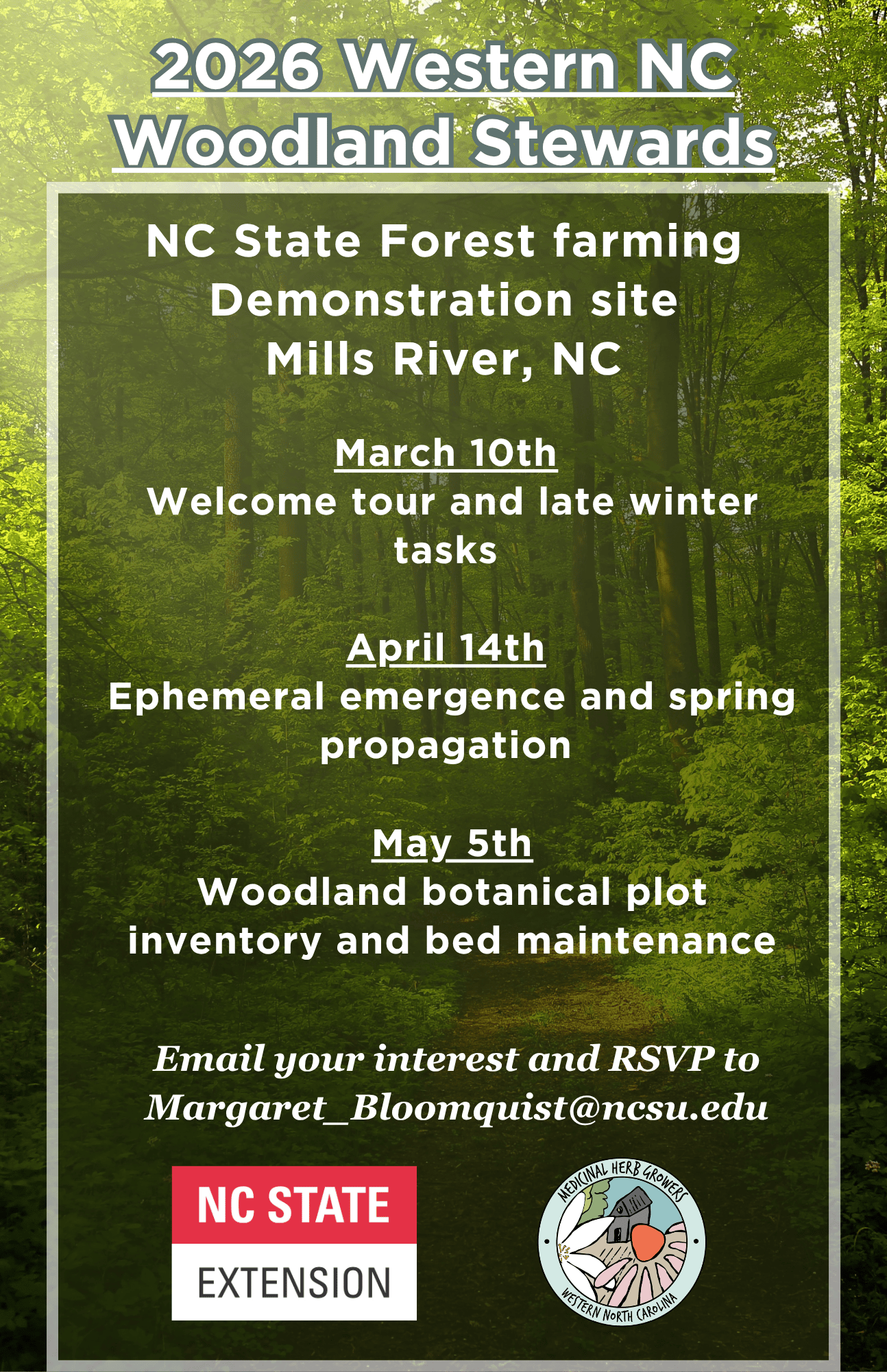Flier for 2026 Woodland Stewards events on March 10, April 14, and May 5. Contact margaret_bloomquist@ncsu.edu.