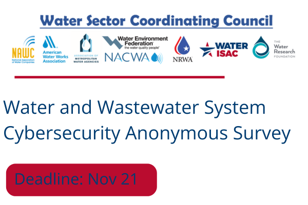 A promotional image for the "Water and Wastewater System Cybersecurity Anonymous Survey," hosted by WaterISAC. The image contains a headline with the name of the survey, the survey's deadline of November 21, 2025; and the logos of all of the organizations in the Water Sector Coordinating Council, which is the body requesting the survey.